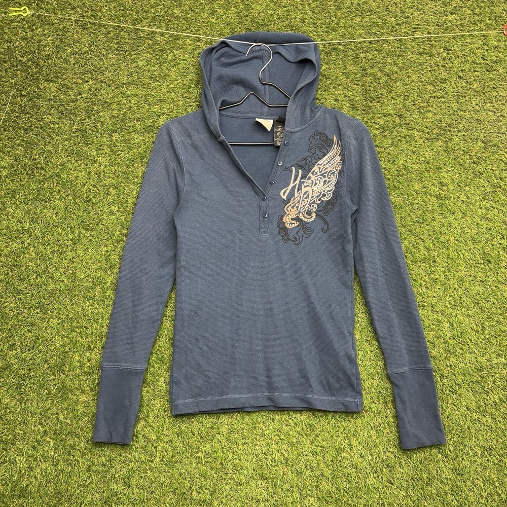 Harley-Davidson Henley Shirt Womens Small Blue Waffle Knit Hoodie Logo Wings Y2K